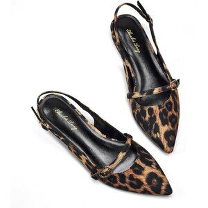 Women Leopard Polyurethane (PU) Rhinestone Pointed Toe Slingback Flats Shoes